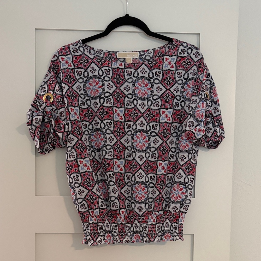 Michael Kors Pink, Black & White Geometric Short Sleeve Blouse